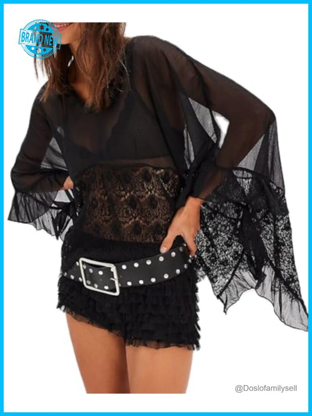 Sheer Mesh Ruffle Blouse Long Sleeve Y2K Layered Frill Top See Through